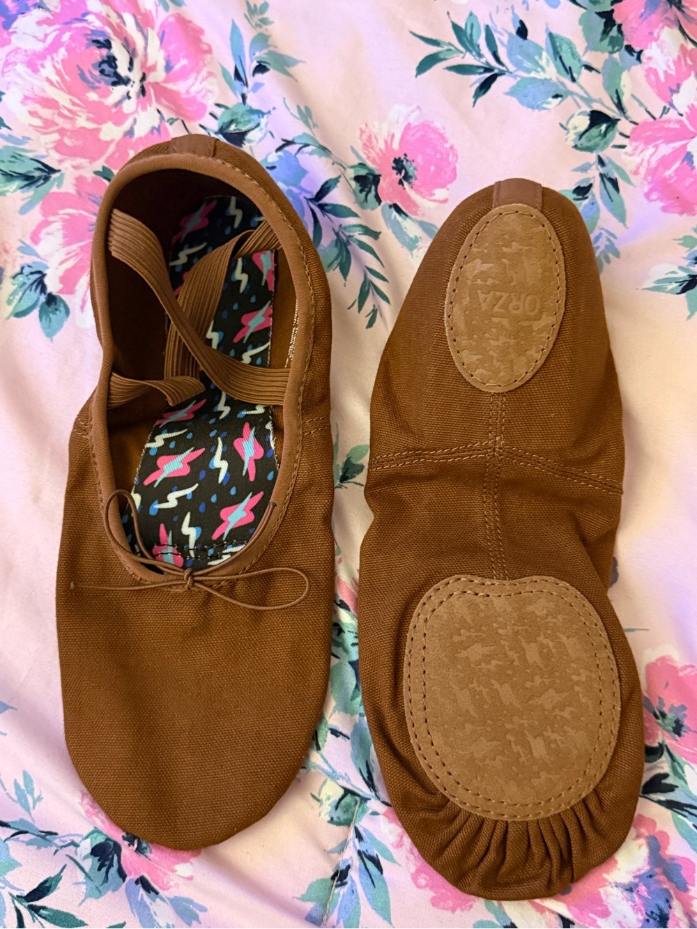 ORZA Brown Canvas Dance Flats with Elastic Tie